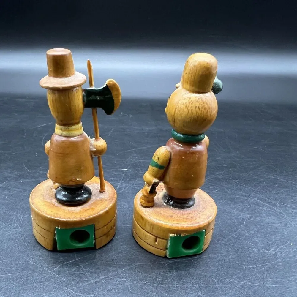 Vtg 2 Wood Handpainted Pencil Sharpeners Pipe Tophat Hiking Staff Midievel Tool